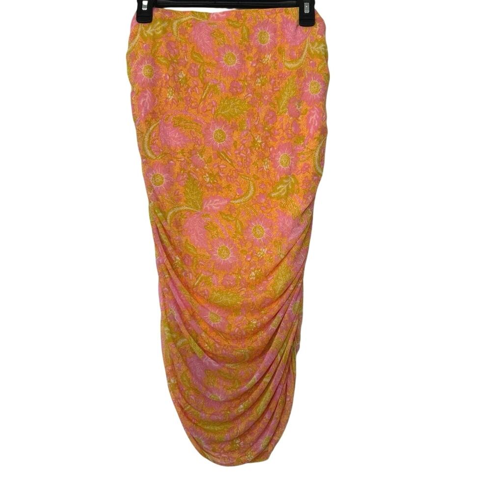 House of Harlow 1960 Ruched Mesh Floral Midi Skirt Pink Orange Y2K Retro FittedL